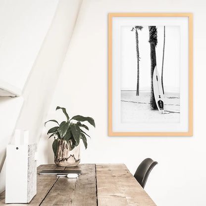 Black White Boho Summer Poster. Surfboard, Palm Trees. Wood Frame with Mat