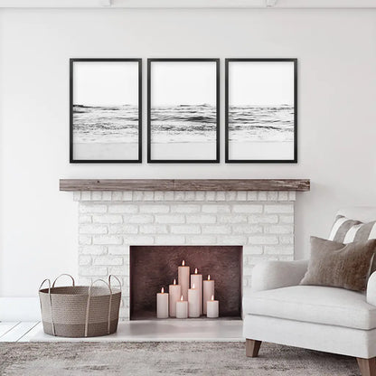 Black White Minimalist Beach Wave Wall Art. 3 Piece Decor