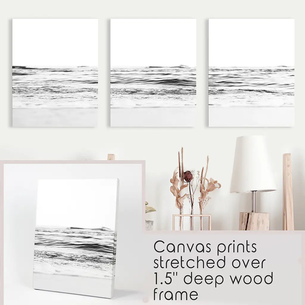 Black White Minimalist Beach Wave Wall Art. 3 Piece Decor