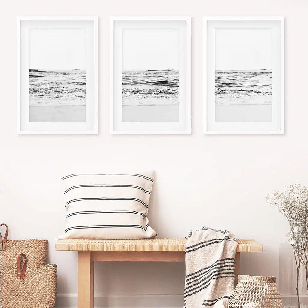 Black White Minimalist Beach Wave Wall Art. 3 Piece Decor