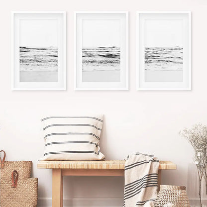 Black White Minimalist Beach Wave Wall Art. 3 Piece Decor