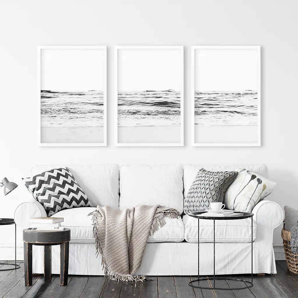 Black White Minimalist Beach Wave Wall Art. 3 Piece Decor