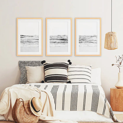 Black White Minimalist Beach Wave Wall Art. 3 Piece Decor