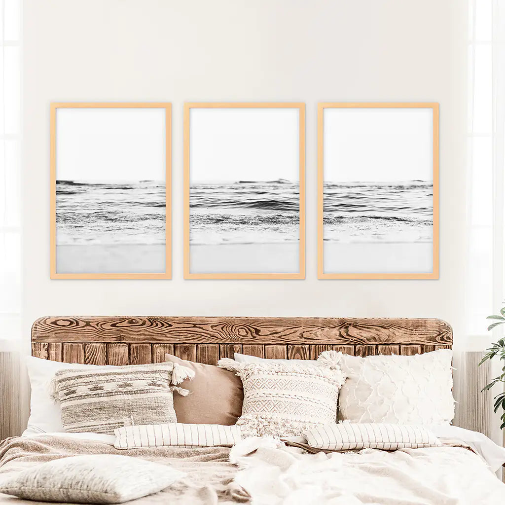 Black White Minimalist Beach Wave Wall Art. 3 Piece Decor