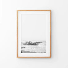 Load image into Gallery viewer, Black White Boho Tropical Wall Decor. Surfer, Waves. Thin Wood Frame with Mat
