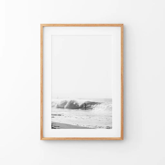 Black White Boho Tropical Wall Decor. Surfer, Waves. Thin Wood Frame with Mat