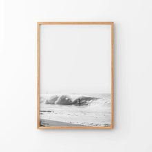 Load image into Gallery viewer, Black White Boho Tropical Wall Decor. Surfer, Waves. Thin Wood Frame
