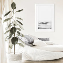 Load image into Gallery viewer, Black White Boho Tropical Wall Decor. Surfer, Waves. White Frame with Mat
