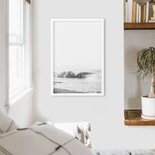 Load image into Gallery viewer, Black White Boho Tropical Wall Decor. Surfer, Waves. White Frame
