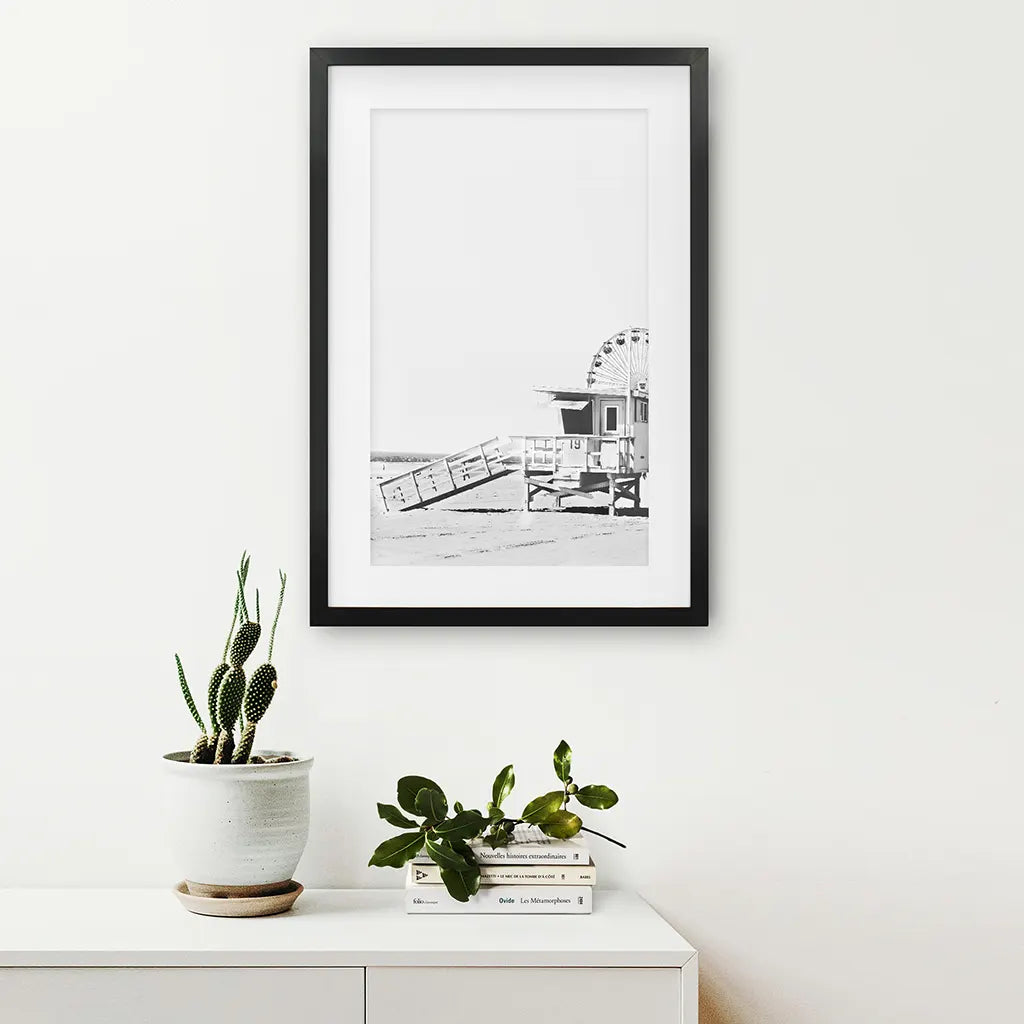 Black White California Poster. Ferris Wheel, Lifeguard Hut. Black Frame with Mat