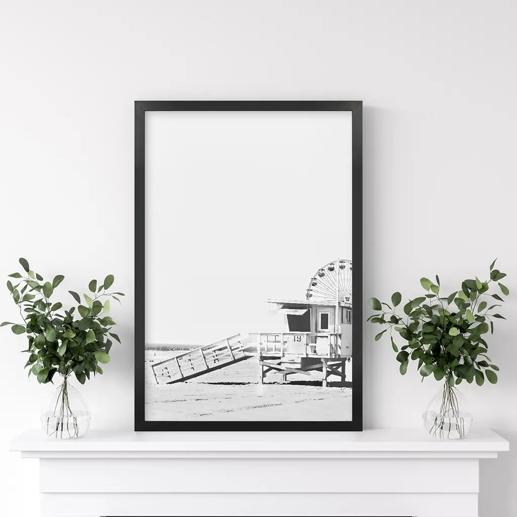 Black White California Poster. Ferris Wheel, Lifeguard Hut. Black Frame