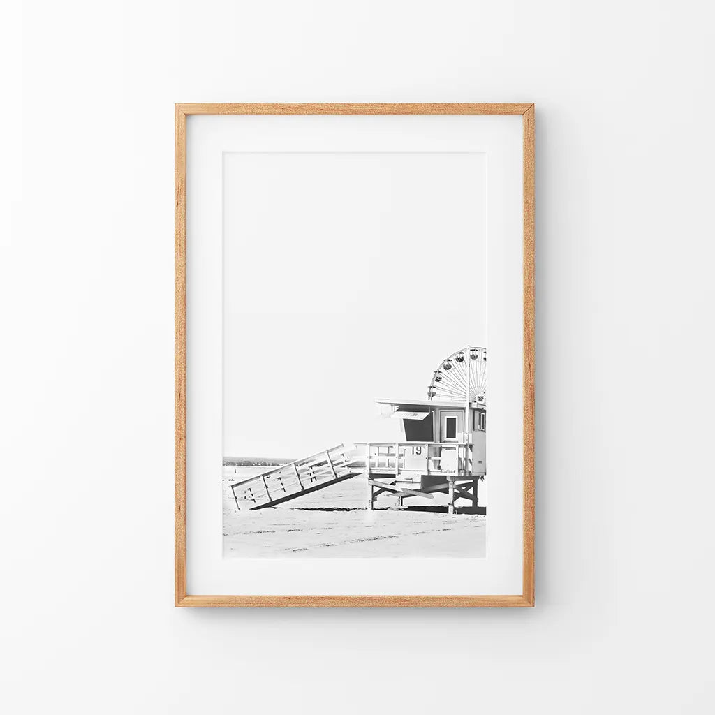 Black White California Poster. Ferris Wheel, Lifeguard Hut. Thin Wood Frame with Mat