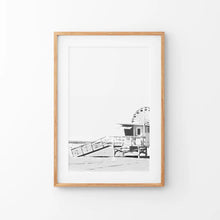 Load image into Gallery viewer, Black White California Poster. Ferris Wheel, Lifeguard Hut. Thin Wood Frame with Mat
