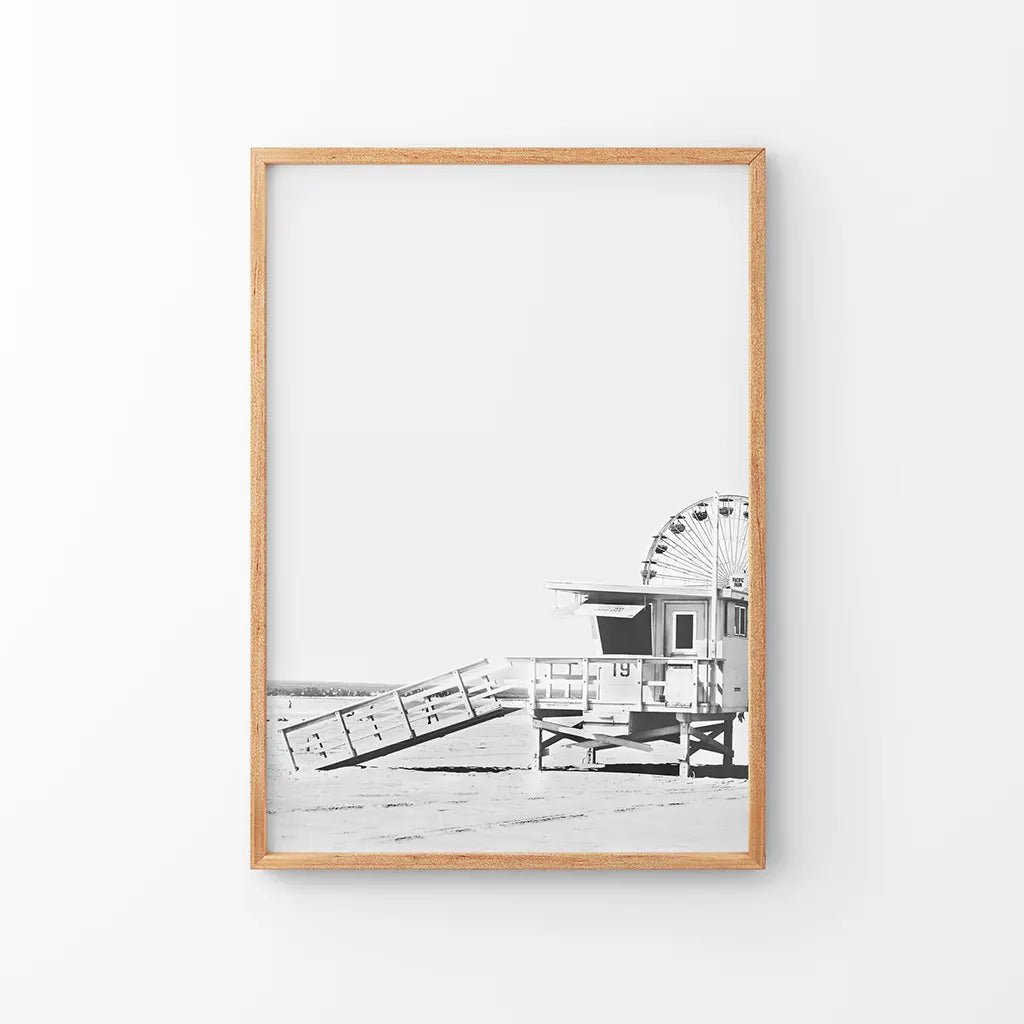 Black White California Poster. Ferris Wheel, Lifeguard Hut. Thin Wood Frame