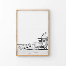 Load image into Gallery viewer, Black White California Poster. Ferris Wheel, Lifeguard Hut. Thin Wood Frame
