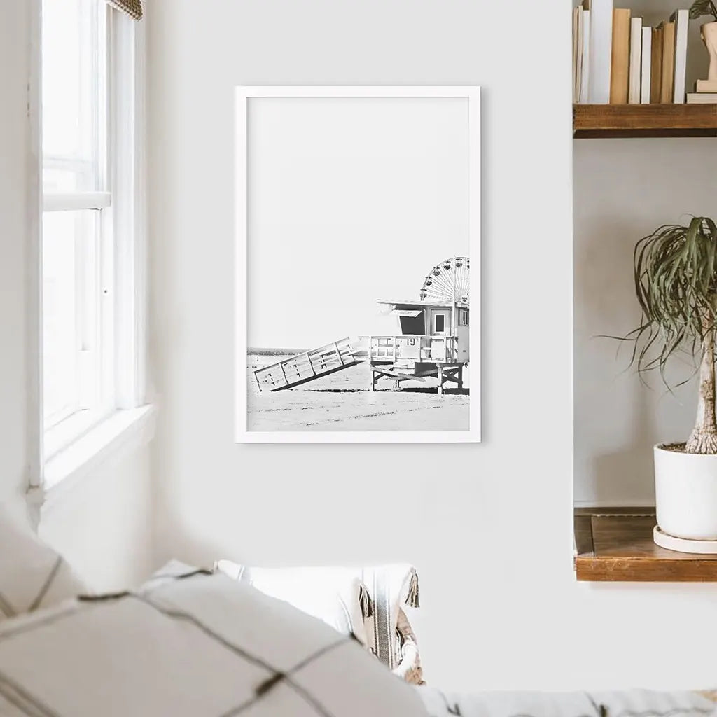 Black White California Poster. Ferris Wheel, Lifeguard Hut. White Frame