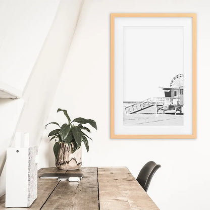 Black White California Poster. Ferris Wheel, Lifeguard Hut. Wood Frame with Mat