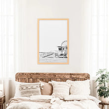 Load image into Gallery viewer, Black White California Poster. Ferris Wheel, Lifeguard Hut. Wood Frame
