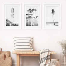 Load image into Gallery viewer, Black White Coastal Wall Art. Ferris Wheel, Surfboards, Palm
