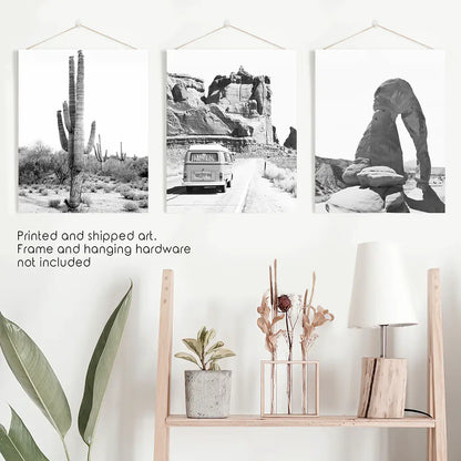 3 Piece Desert Black White Travel Photo. Cactus, Arches, Bus