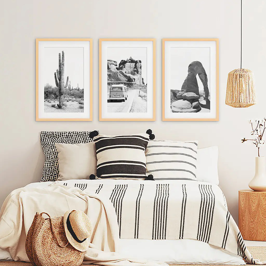 3 Piece Desert Black White Travel Photo. Cactus, Arches, Bus