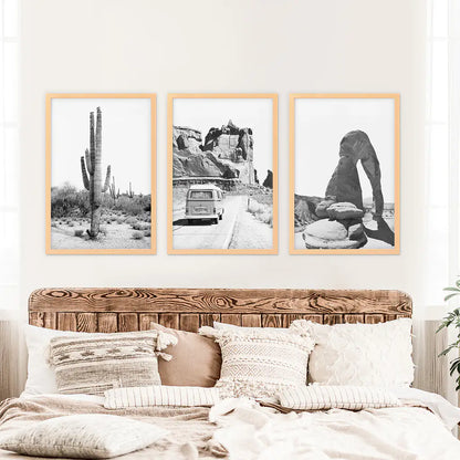 3 Piece Desert Black White Travel Photo. Cactus, Arches, Bus