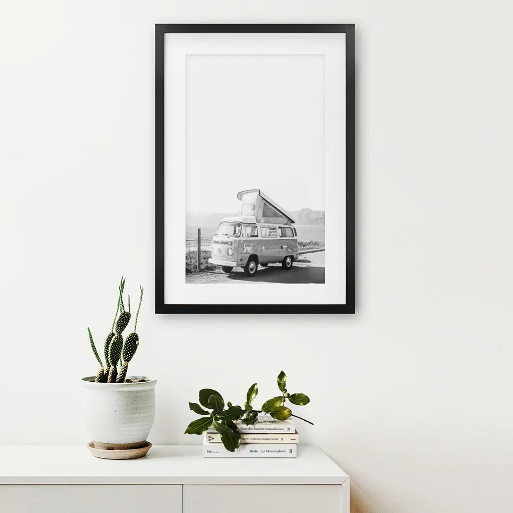 Black and White Hipster Van Poster. Summer Travel. Black Frame with Mat