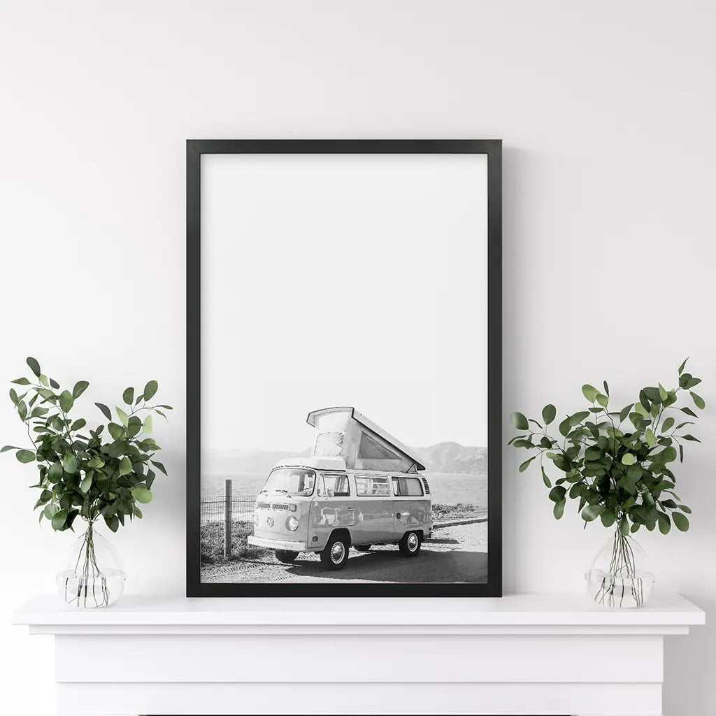 Black and White Hipster Van Poster. Summer Travel. Black Frame