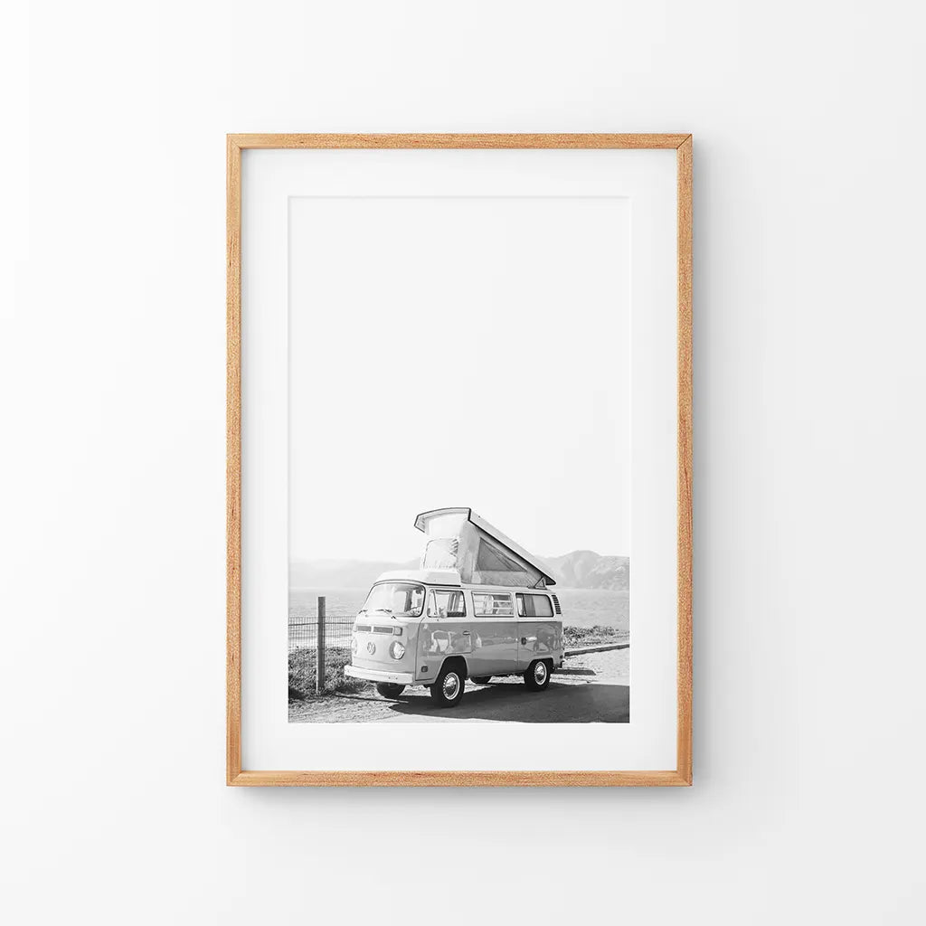 Black and White Hipster Van Poster. Summer Travel. Thin Wood Frame with Mat