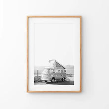 Load image into Gallery viewer, Black and White Hipster Van Poster. Summer Travel. Thin Wood Frame with Mat
