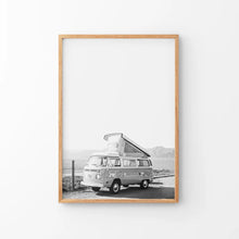Load image into Gallery viewer, Black and White Hipster Van Poster. Summer Travel. Thin Wood Frame
