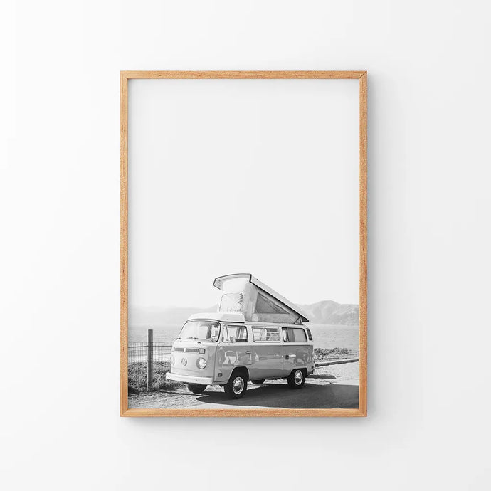 Black and White Hipster Van Poster. Summer Travel. Thin Wood Frame