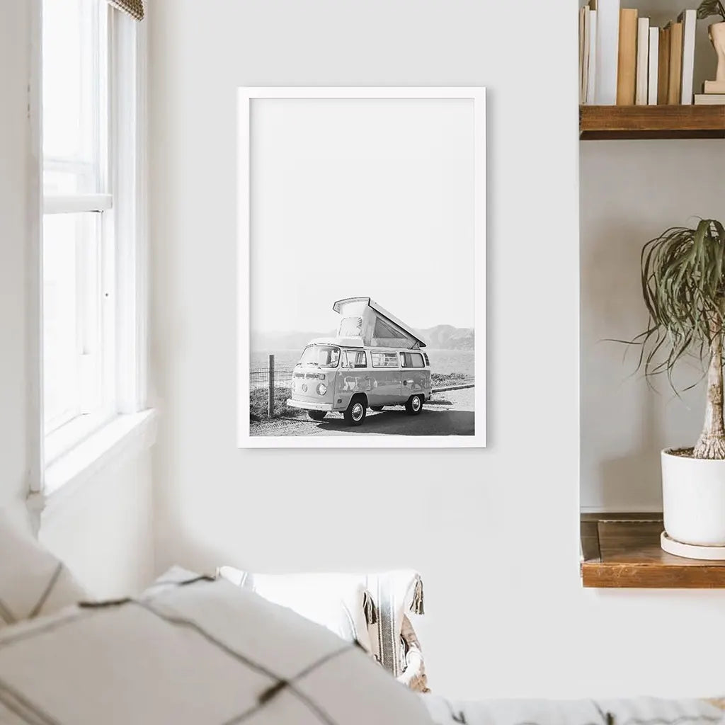 Black and White Hipster Van Poster. Summer Travel. White Frame