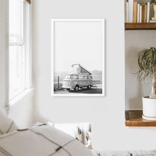 Load image into Gallery viewer, Black and White Hipster Van Poster. Summer Travel. White Frame
