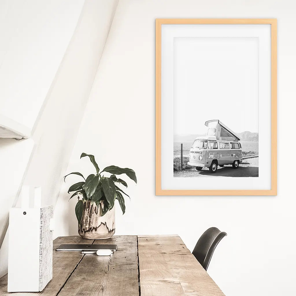 Black and White Hipster Van Poster. Summer Travel. Wood Frame with Mat