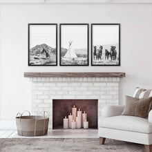 Load image into Gallery viewer, Western Black White Wall Art Set of 3 Prints. Horses, Tepee, Utah Desert. Black Frames
