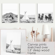Load image into Gallery viewer, Western Black White Wall Art Set of 3 Prints. Horses, Tepee, Utah Desert. Wrapped Canvas

