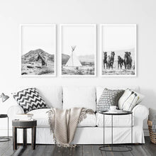 Load image into Gallery viewer, Western Black White Wall Art Set of 3 Prints. Horses, Tepee, Utah Desert. White Frames
