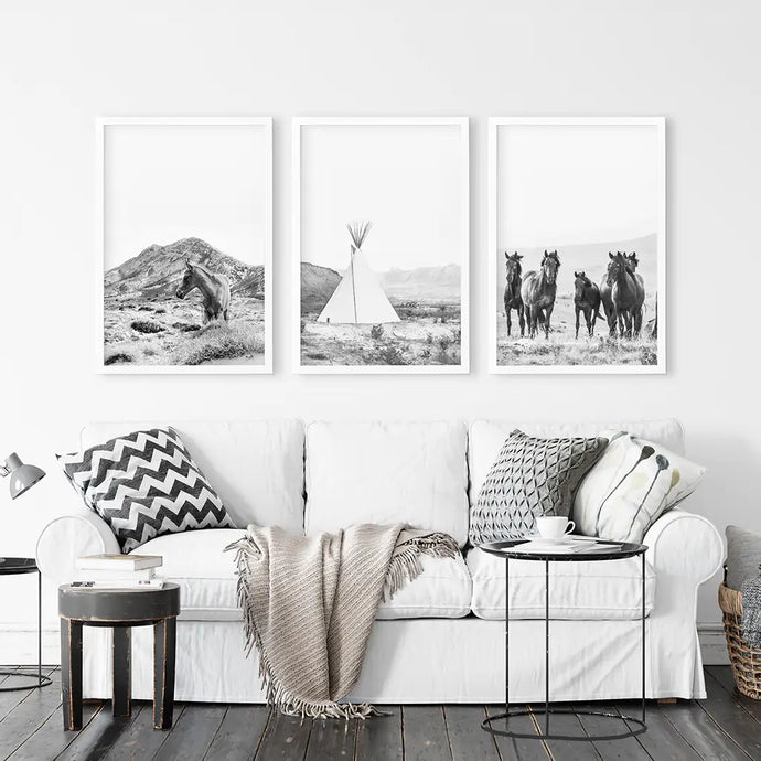 Western Black White Wall Art Set of 3 Prints. Horses, Tepee, Utah Desert. White Frames
