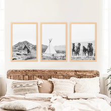 Load image into Gallery viewer, Western Black White Wall Art Set of 3 Prints. Horses, Tepee, Utah Desert. Wood Frames
