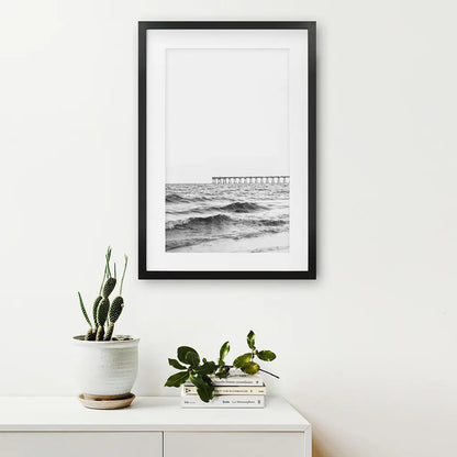 Black White Minimalistic Florida Beach Pier Poster. Black Frame with Mat