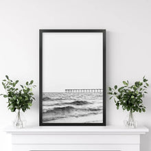 Load image into Gallery viewer, Black White Minimalistic Florida Beach Pier Poster. Black Frame
