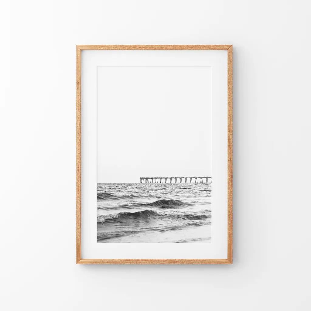 Black White Minimalistic Florida Beach Pier Poster. Thin Wood Frame with Mat