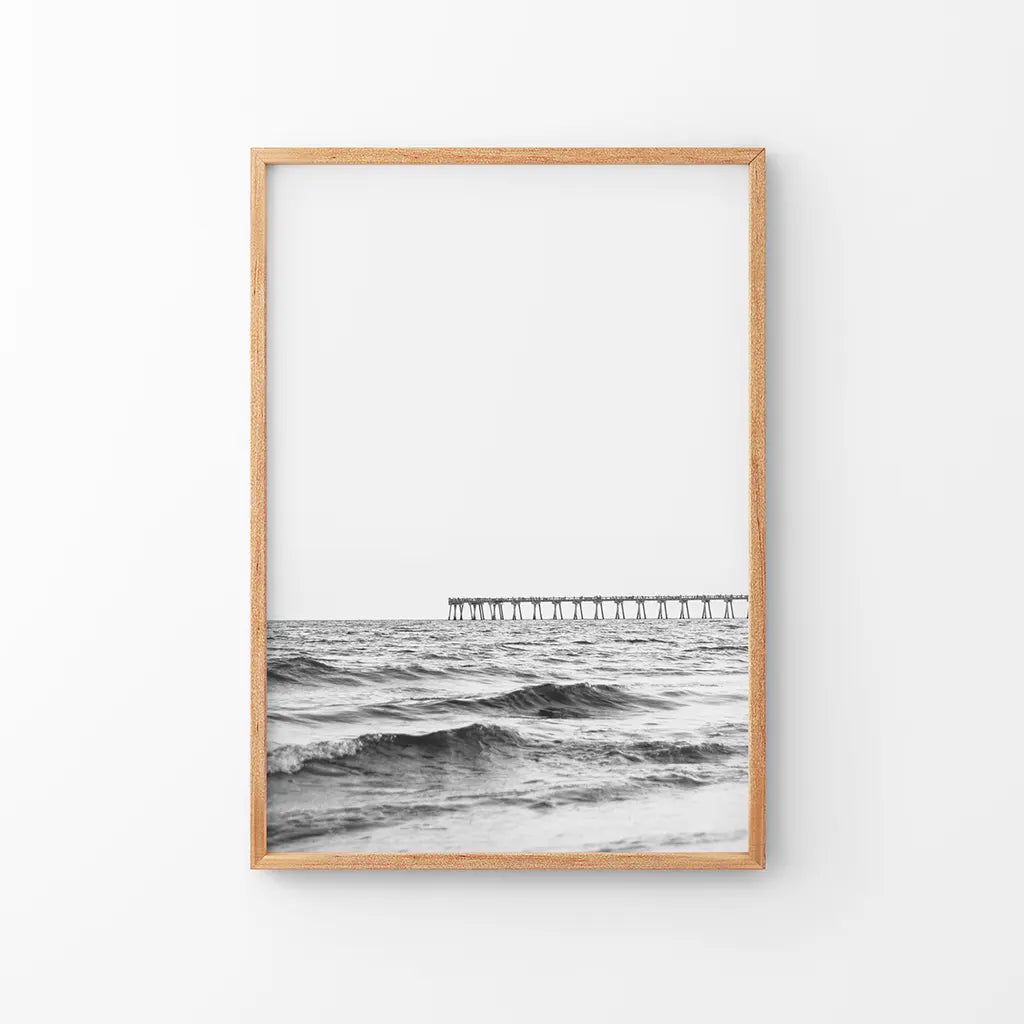 Black White Minimalistic Florida Beach Pier Poster. Thin Wood Frame