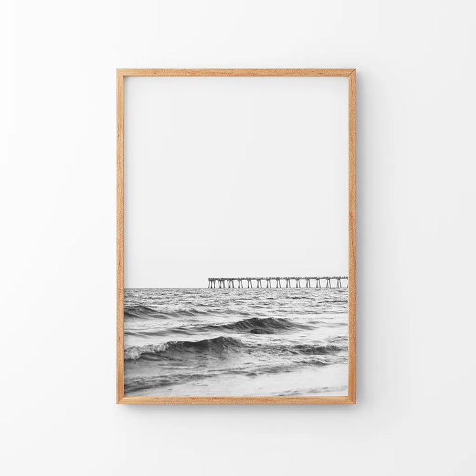 Black White Minimalistic Florida Beach Pier Poster. Thin Wood Frame