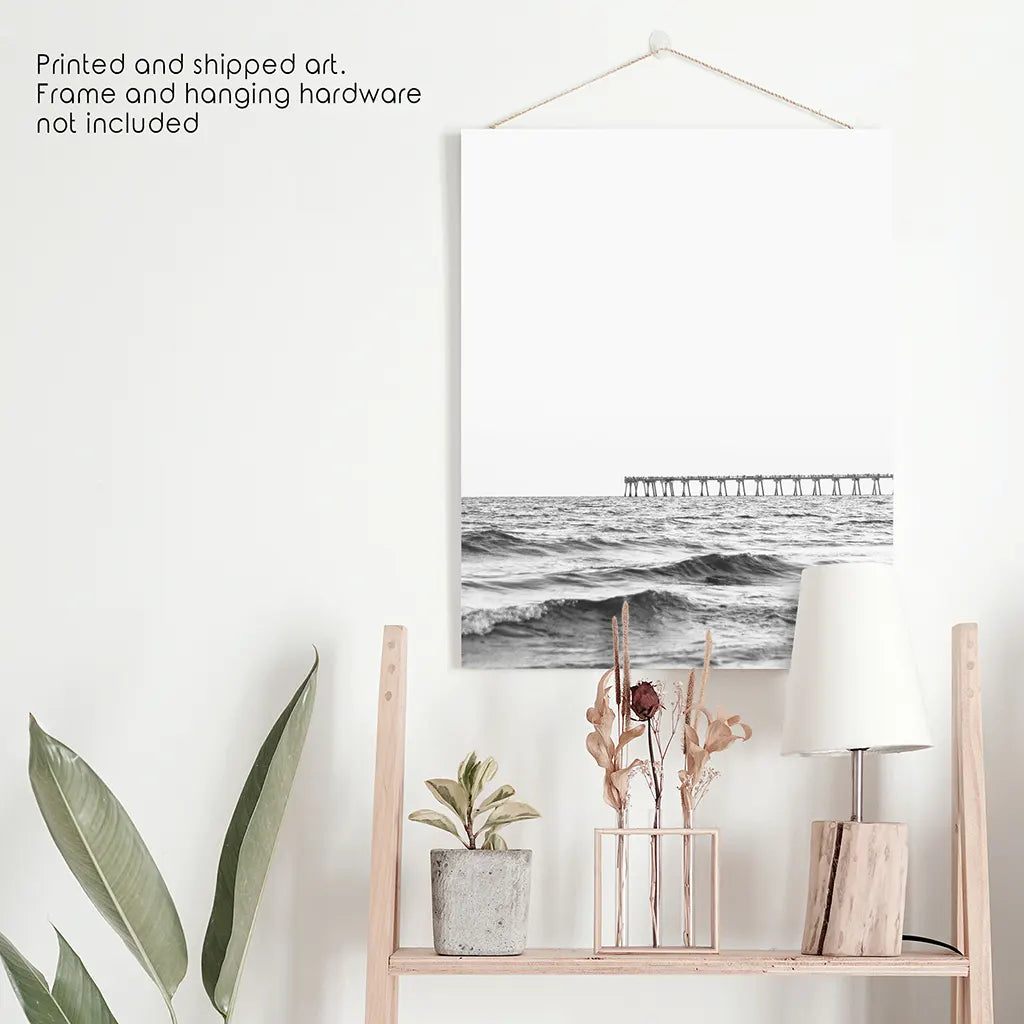 Black White Minimalistic Florida Beach Pier Poster. Unframed Print