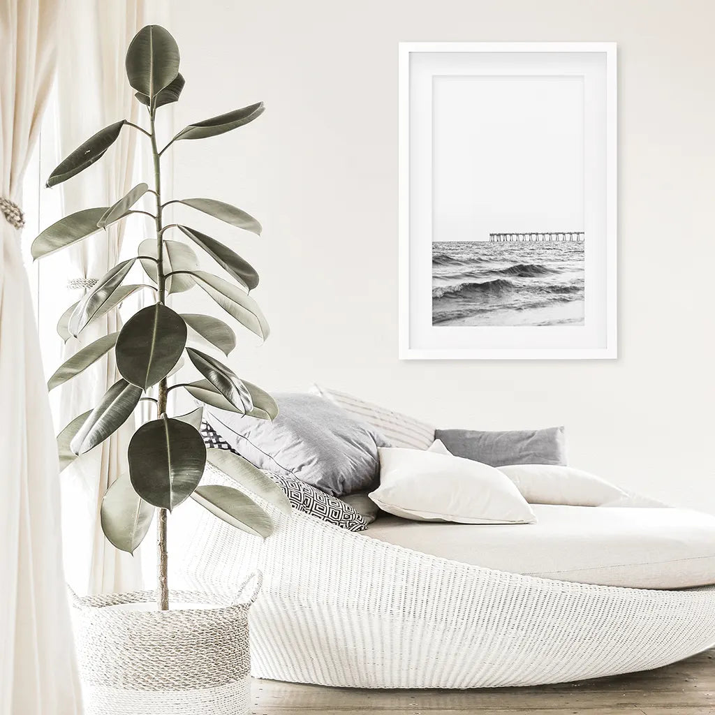 Black White Minimalistic Florida Beach Pier Poster. White Frame with Mat