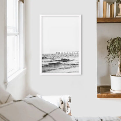 Black White Minimalistic Florida Beach Pier Poster. White Frame