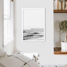 Load image into Gallery viewer, Black White Minimalistic Florida Beach Pier Poster. White Frame
