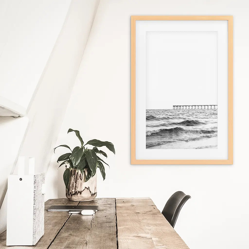 Black White Minimalistic Florida Beach Pier Poster. Wood Frame with Mat